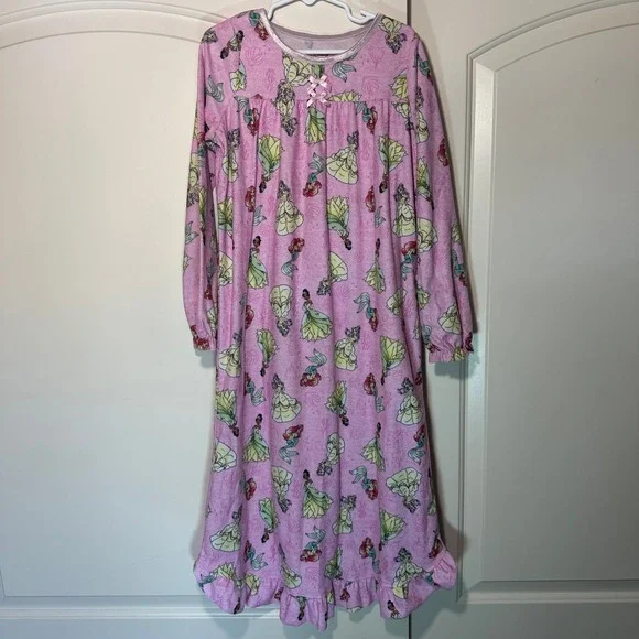 Disney Princess Flannel Granny Nightgown Pajamas Ariel Belle Tiana‎ Pink Girls 8 - Picture 2 of 5